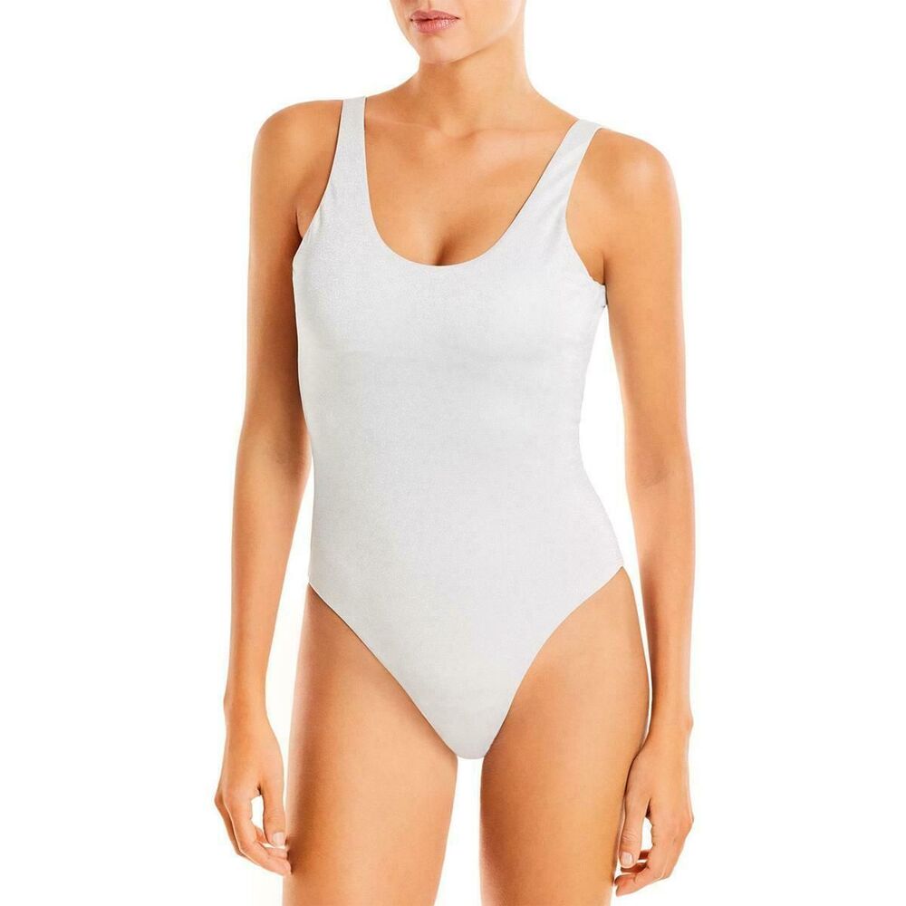 NWT Aqua Swim Metallic Tank One Piece Swimsuit sz L Silver Metallic